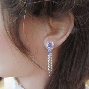 Blue & clear rhinestone delicate dangling pierced earrings-silver beaded chains